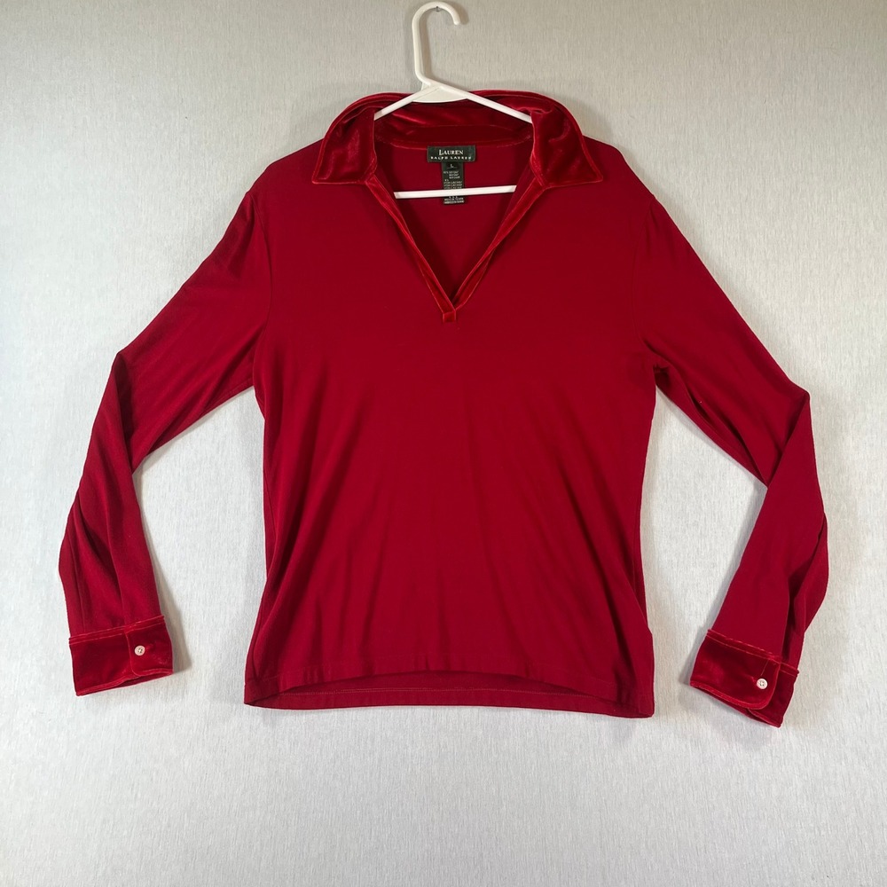 Vintage Lauren Ralph Lauren Top Women L Red Long Sleeve Velvet Trim V-Neck 1990s
